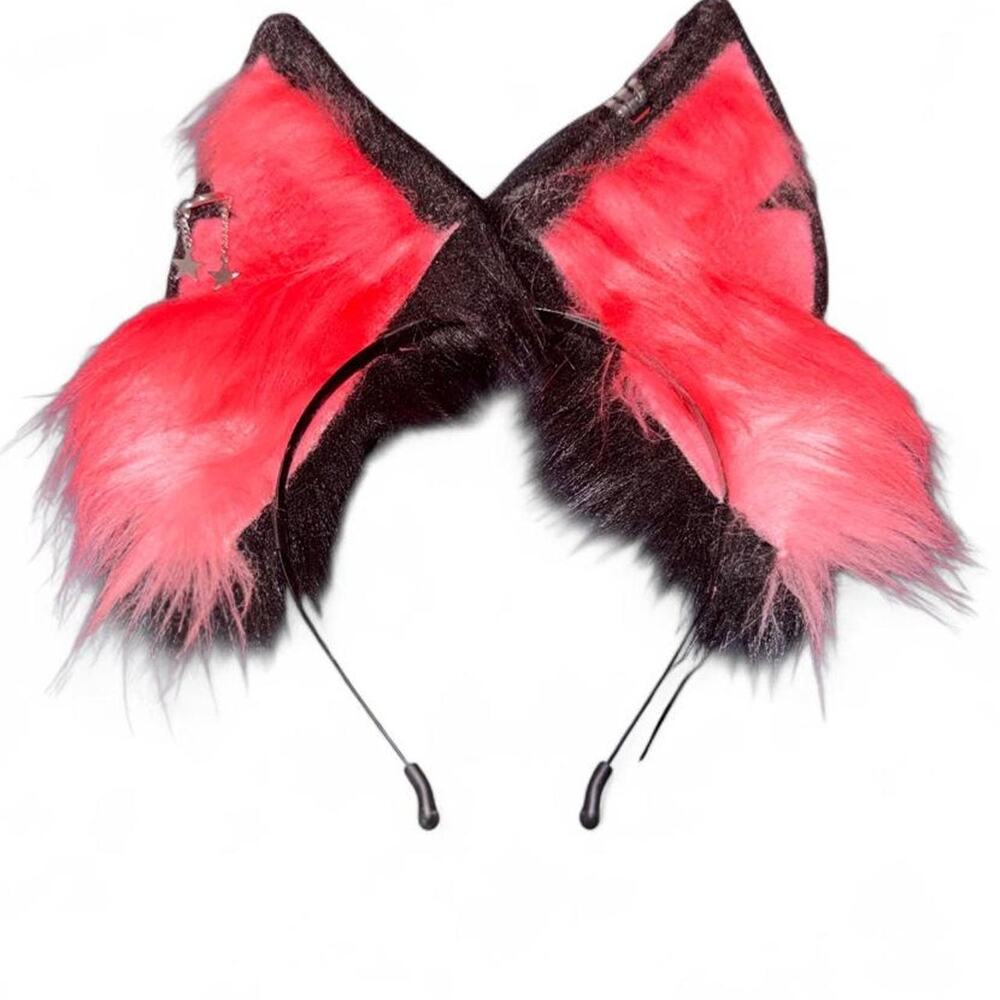 Fire! Black Red Orange Silver Stars Pierced Faux Fur Furry Cat Ears Headband